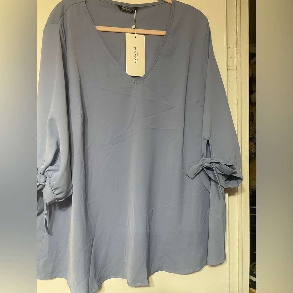 BloomChic Dusty Blue V-Neck Tie-Sleeve Blouse